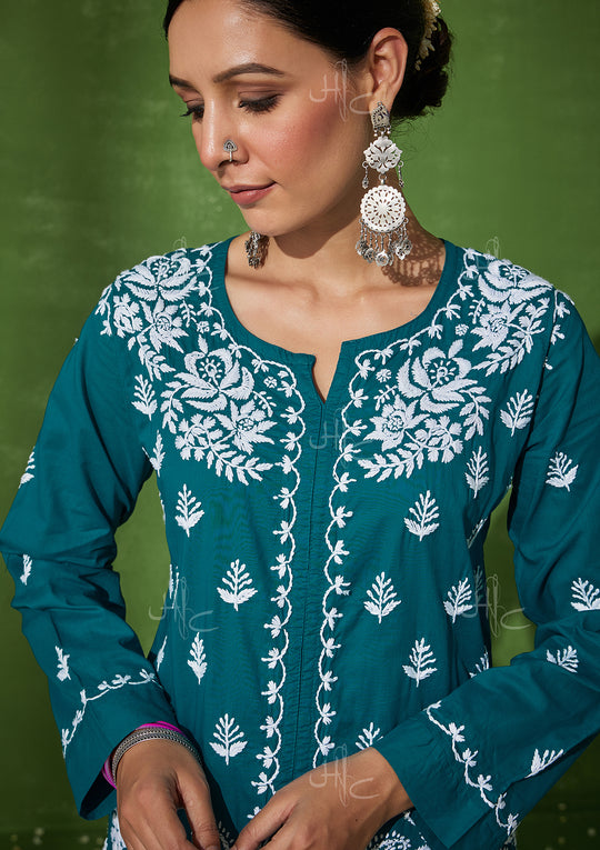 Cotton Kurta For Women Collar Design Pattern with Button Style, Green –  Anushil